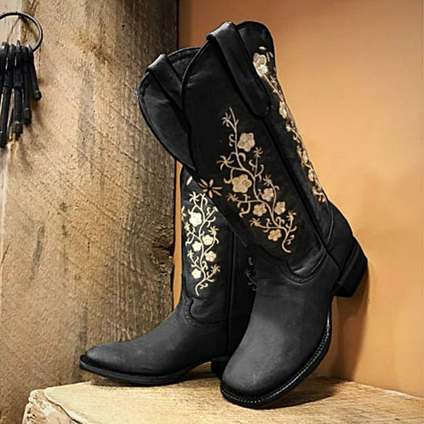 Women's Cowboy Cowgirl Boots Modern Western Embroidered Wide Calf Square  Toe Cowboy Boot for Women