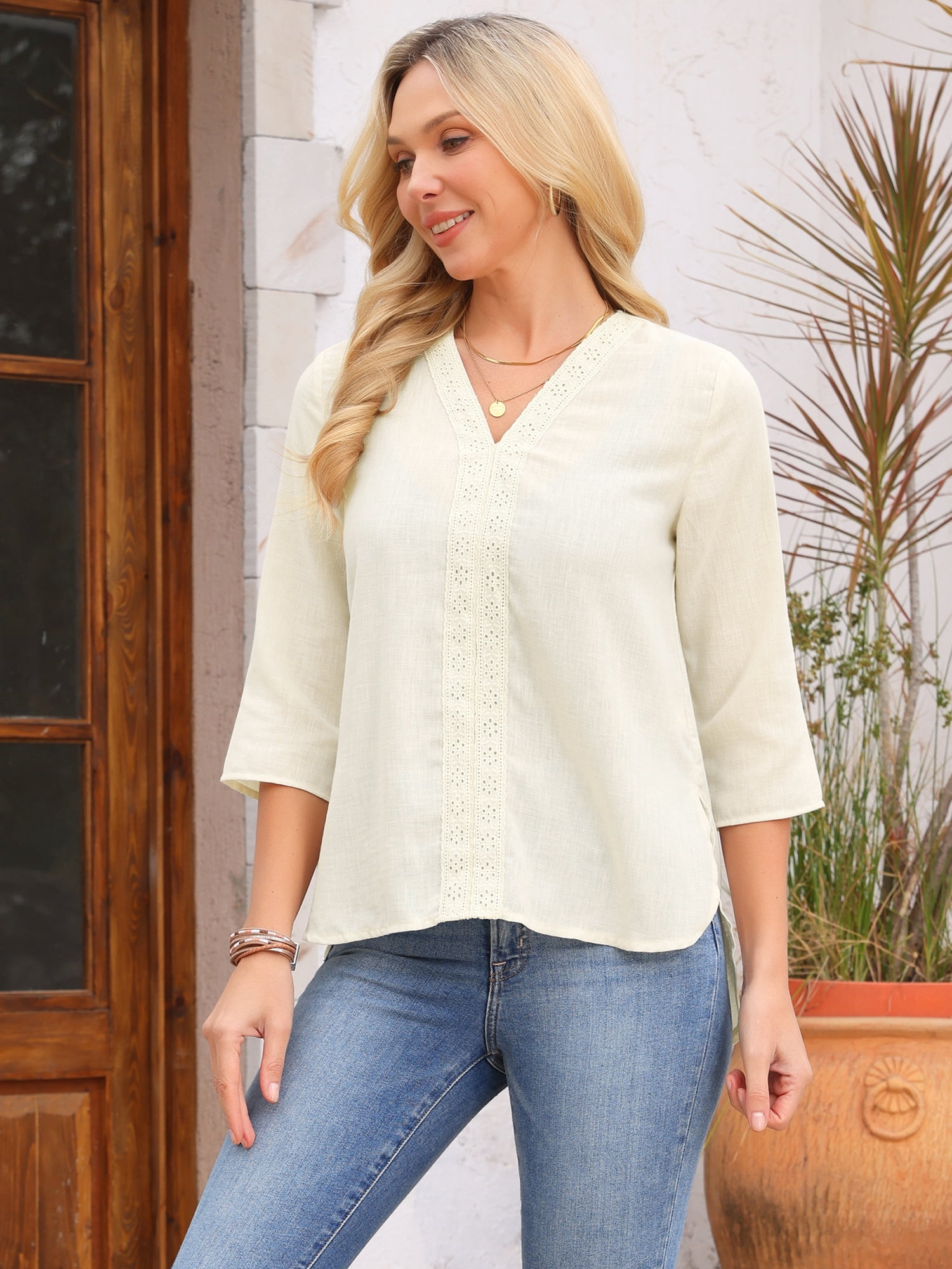 DARING DIVA Women's Embroidery V Neck 3/4 Sleeve Tunic Side Split Blouse M Apricot