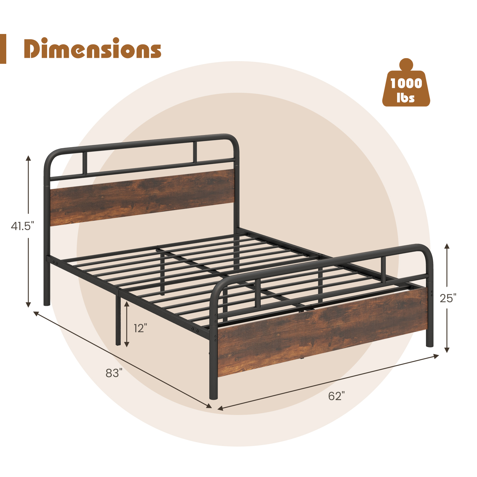 Infans Queen Size Metal Platform Bed Frame Industrial Headboard Mattress Foundation