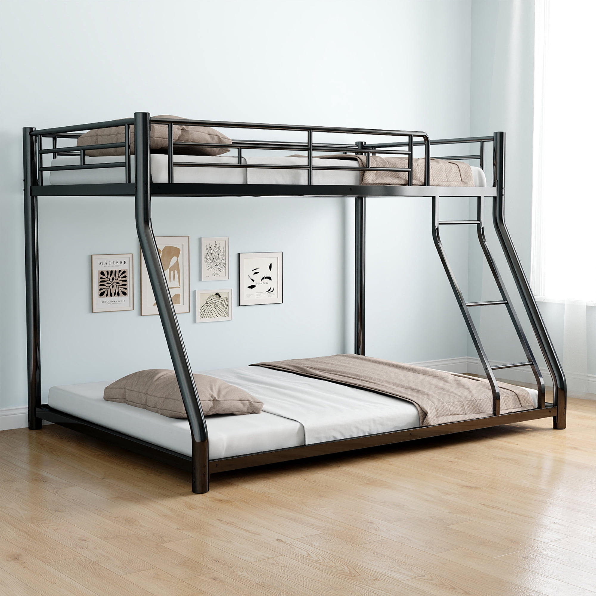 Leumius Twin Over Full Metal Bunk Bed,Heavy Duty Metal Bed Frame with Ladder & Full-Length Guardrail for Teens Adults,Black