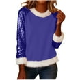thumbnail image 2 of Oksale Fuzzy Trim Sequin Tops for Women Sparkly Christmas Shirts Loose Long Sleeve Fall Winter Blouses Crew Neck Tee Pullover Blue L, 2 of 6