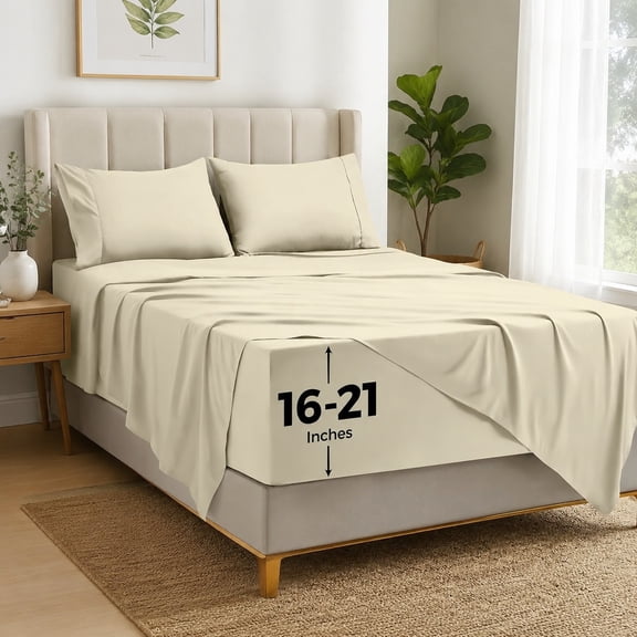 Extra Deep Pocket Queen Sheet Set - 4PCs Fits Up to 21 Inches - Ivory Bedding Sheets