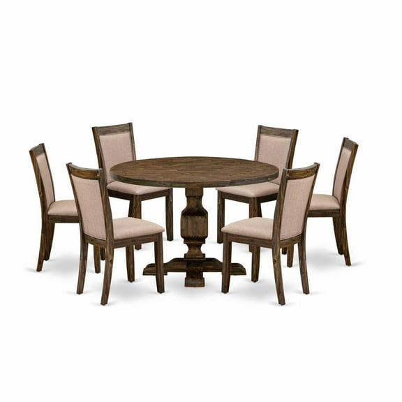 East West Furniture 7 Piece Dinette Set Consists of a Modern Kitchen Table and 6 Dark Khaki Linen Fabric Parson Chairs with High Back - Distressed Jacobean Finish