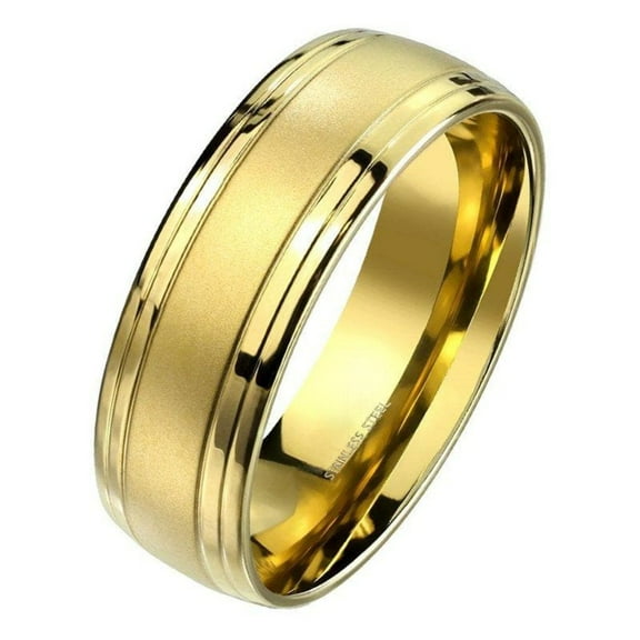Traditional Gold PVD 316L Stainless Steel Wedding Band Mens Modern Anniversary Ring Fantasy Forge Jewelry
