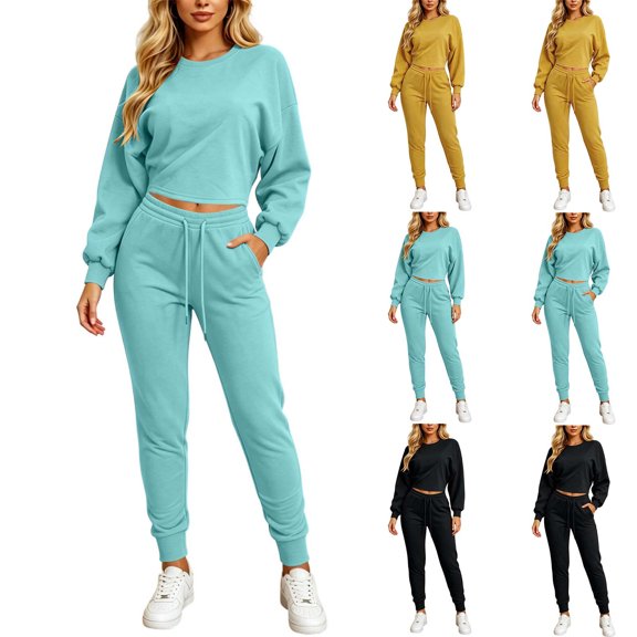 Ashirexll Womens 2 Piece Outfits Solid Color Round Neck Long Sleeve Top with Drawstring Double Pocket Elastic Waist Pants Winter Set