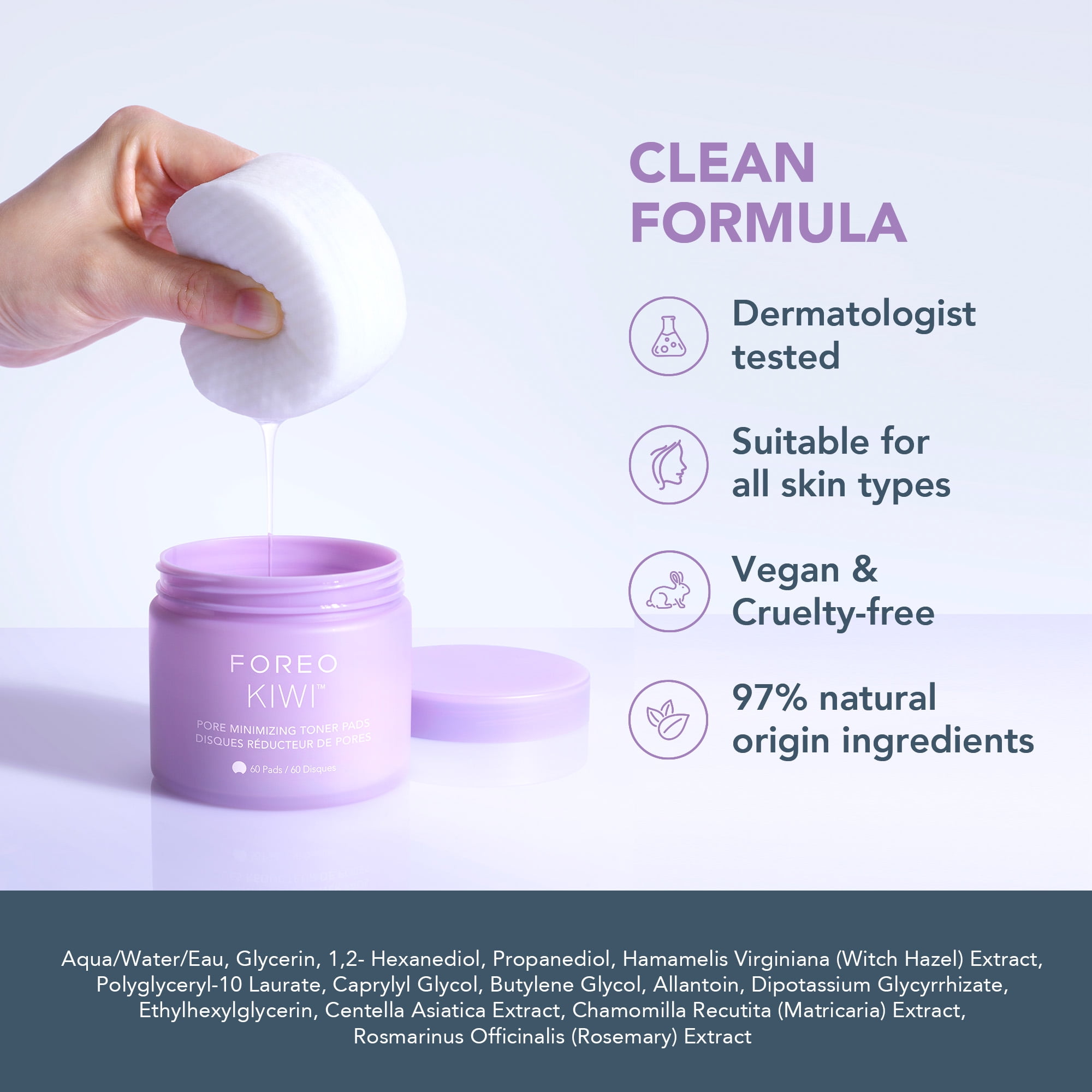 FOREO KIWI Pore Minimizing Toner Pads with Witch Hazel and Cica, Dual-Sided Exfoliating Facial Pads, 60 Count