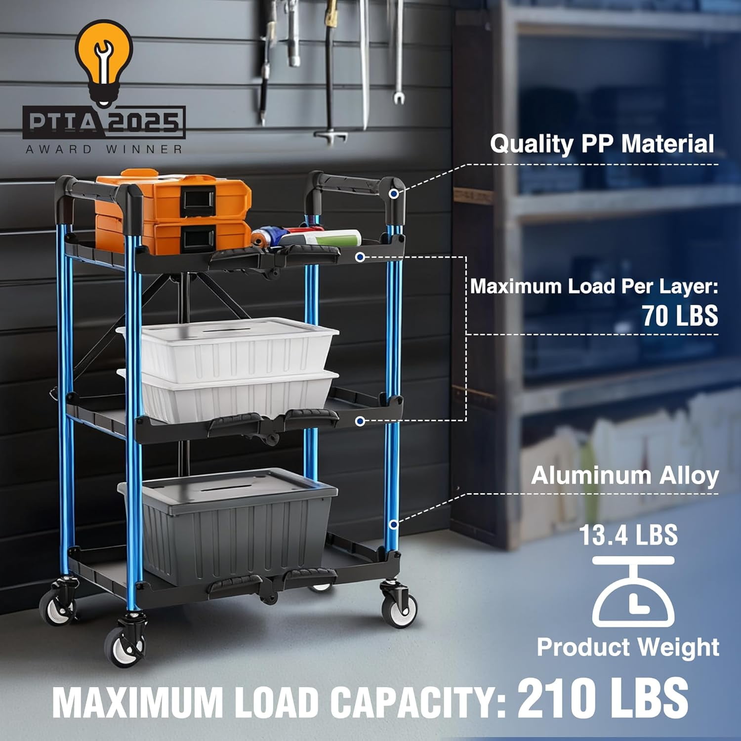 3-Tier Collapsible Service Cart, 210 LBS Foldable Utility Service Cart with Wheels, Portable Tool Cart for Garage, Warehouse, Home, Restaurant, Office (No Assembly Required)