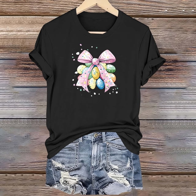 TaTaai Ladies Easter Fashion Short Sleeve T Shirt Round Neck Casual Printed Tops Loose Fit Soft Comfortable Tee for Daily Wear Spring Holiday Gift Idea Gift