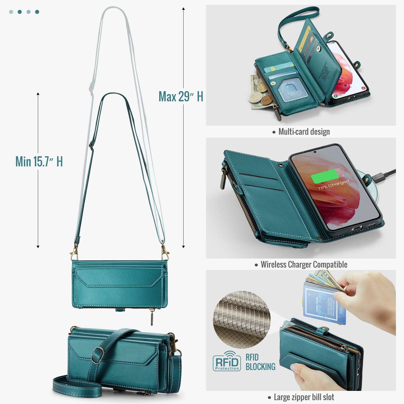 Asuwish Compatible with Samsung Galaxy S21 5G 6.2 inch Zipper Wallet Phone Case Tempered Glass Screen Protector Crossbody Lanyard Strap Flip Card Holder Slot Cell Cover for S 21 21S G5 Women Green