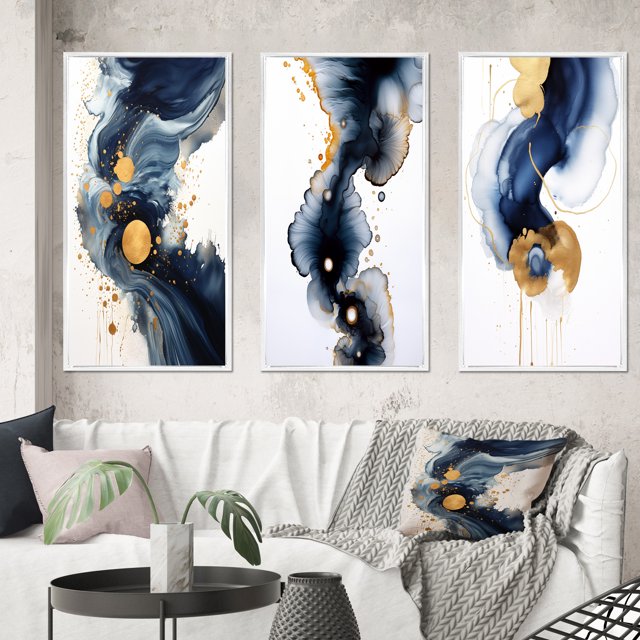 Designart "Blue Groove Crossroads Abstract in Ink and Gold" Abstract Painting Framed Wall Art Set Of 3 - Gold Modern Frame Canvas Set For Living Room Decor