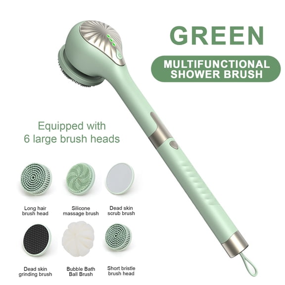 Electric Body Brush Back Scrubber for Shower, Waterproof Long Dual Handle Power Body Scrubber with 6 Heads, Rechargeable Bath Brush & 3 Speeds, for Cleansing, Exfoliating and Massaging Skin (Green)