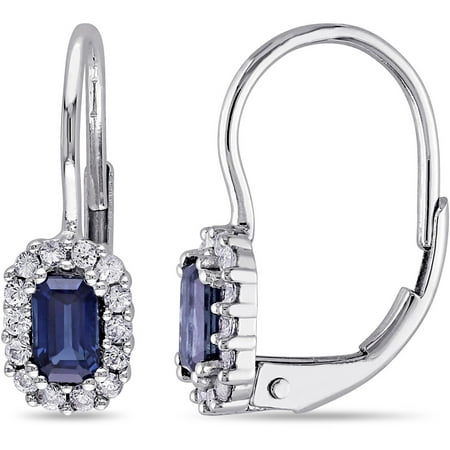 Tangelo 1 Carat T.G.W. Sapphire and White Sapphire 14kt White Gold Octagon Halo Leverback Earrings