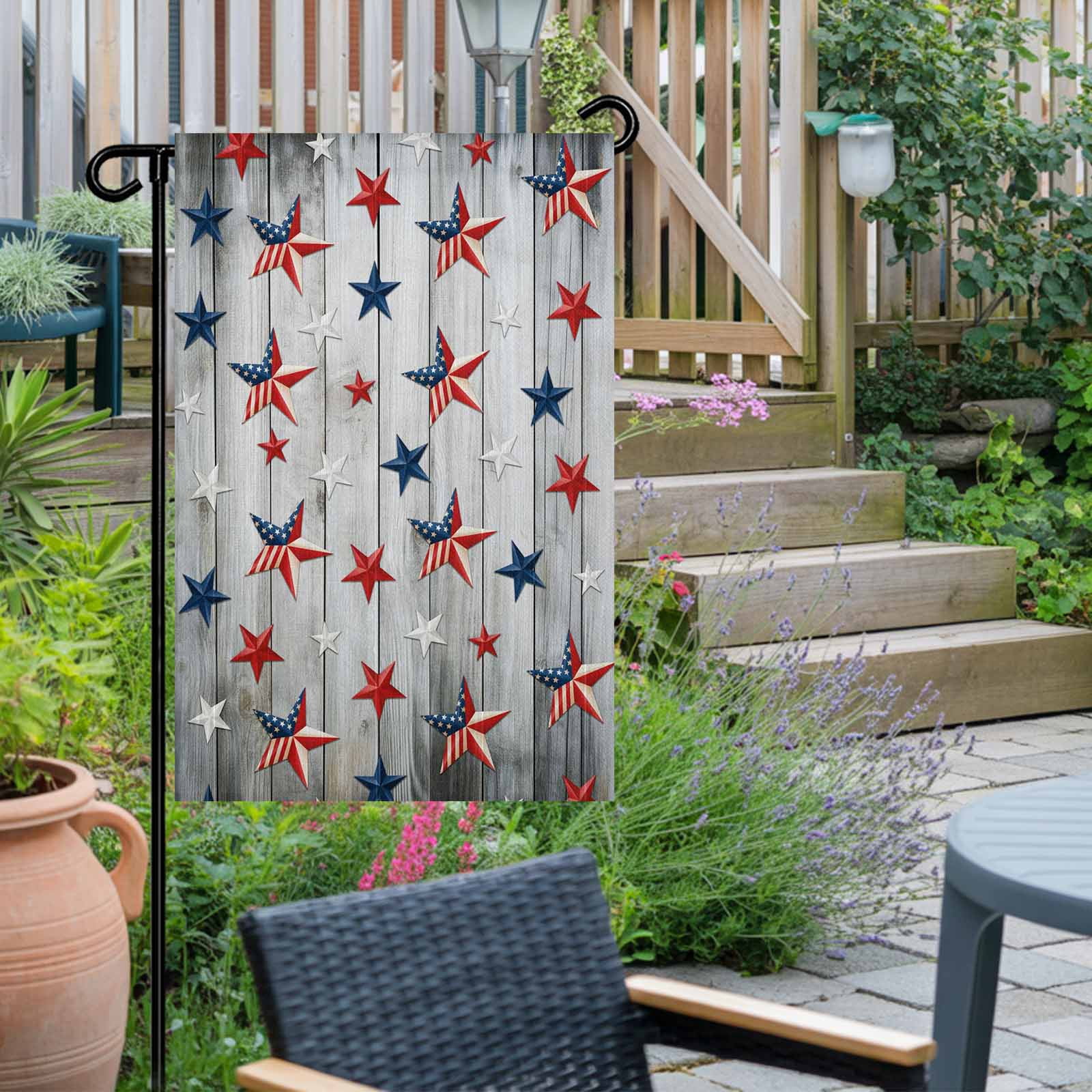 4th of July Garden Flags Patriotic Stars Stripes Garden Flag Double Sided Welcome Flag USA Flags Grey Wood Grain Independence Day Yard Flags for Outdoor Lawn Porch Memorial Day Decor 28x40 Inch