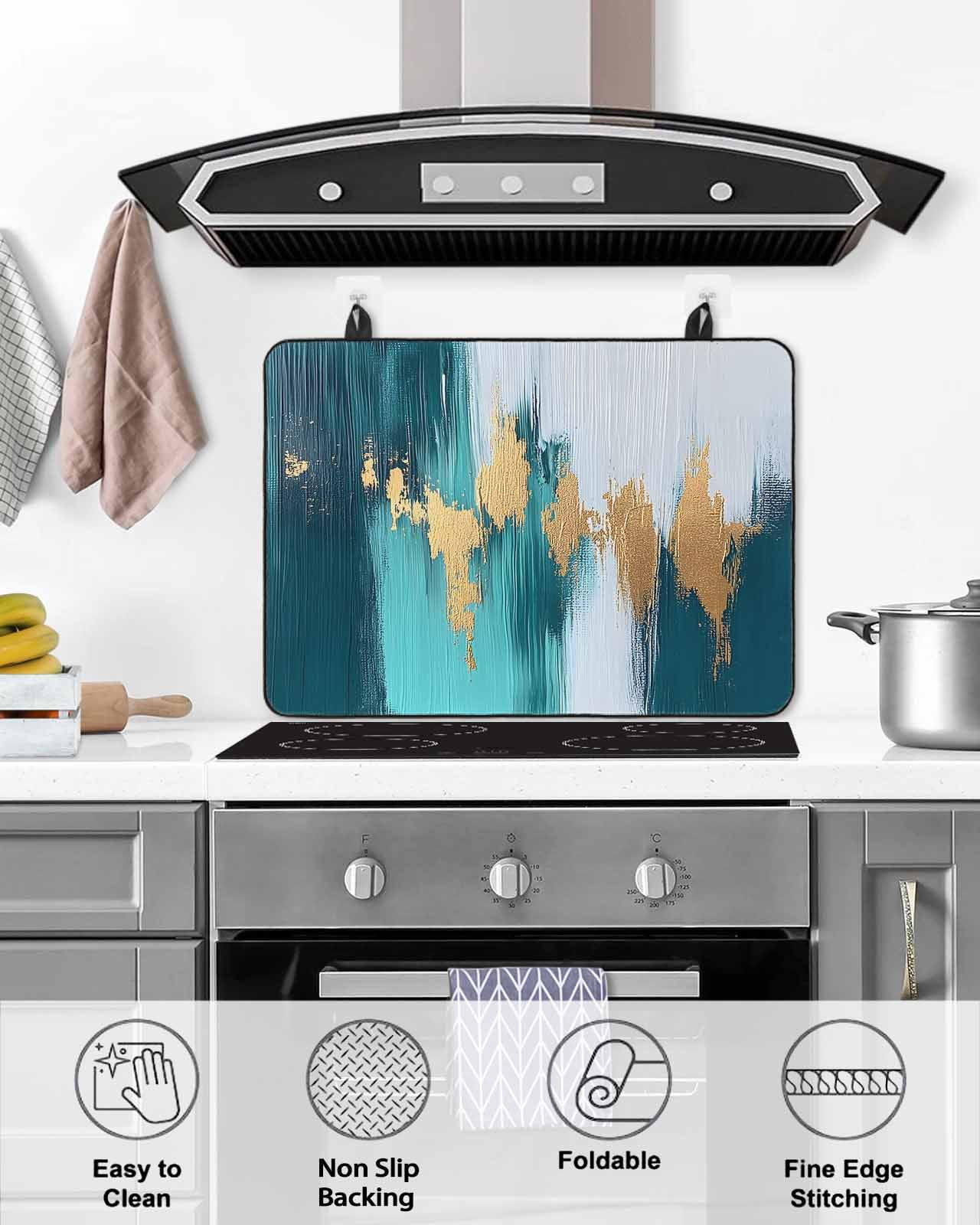 nqOlkjepod Large Induction Cooktop Protector Mat 24"x21", Teal Blue Stove Top Covers for Electric Stove, Yellow Abstract Art Modern Decorative Stove Burner Cover Mats, Glass Top Stove Cover
