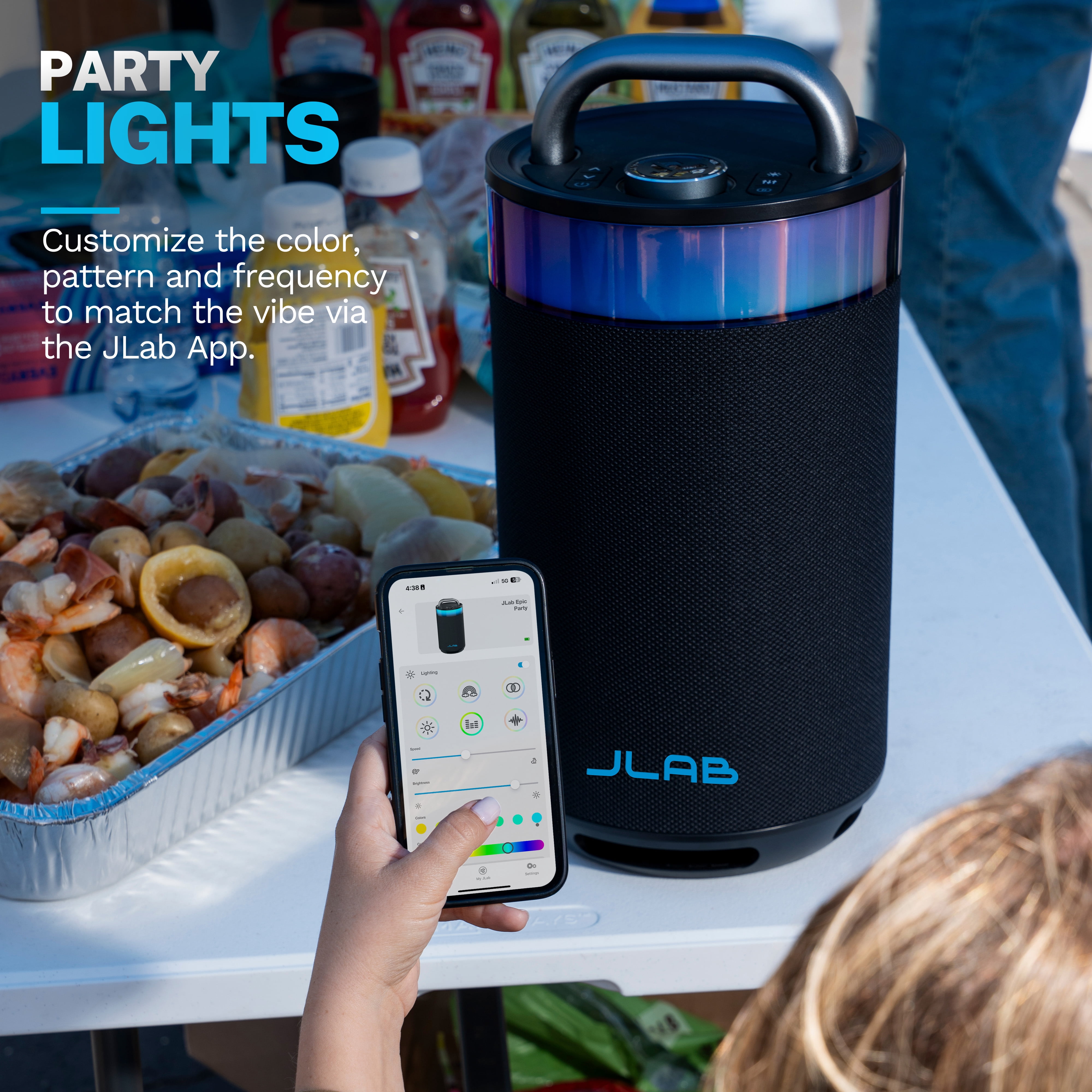 JLab Epic Party Portable Bluetooth Speaker, 100W, Built-in RGB Lights, Splashproof, Black
