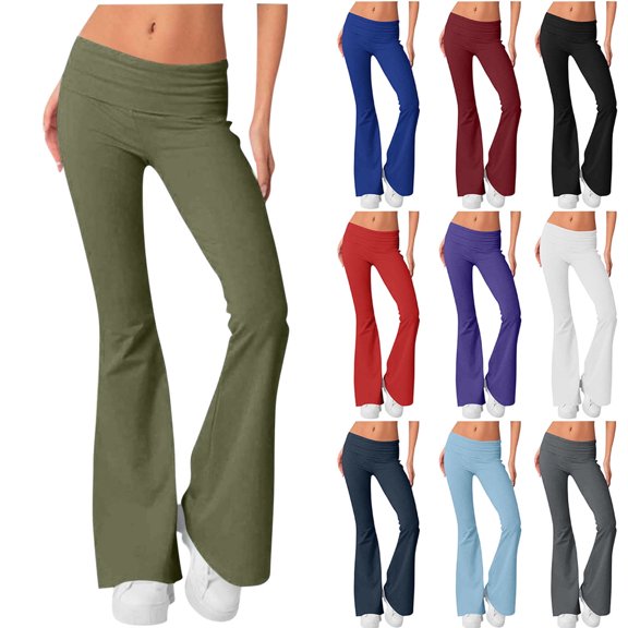 DDAPJ pyju Womens Flare Leggings Low Waisted Yoga Pants Fold Over Bootcut Lounge Workout Pants Blue L