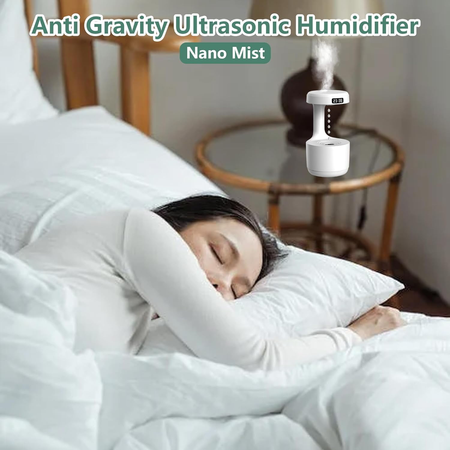 Anti Gravity Water Drop Humidifier: Upgrade Ultrasonic Anti Gravity Humidifier with LED Clock Display, Cool Mist Air Humidifier with Night Light for Home Bedroom Office (Green)