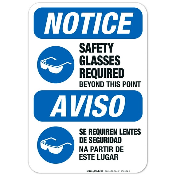 Safety Glasses Required Beyond This Point Bilingual Sign, OSHA Notice Sign,