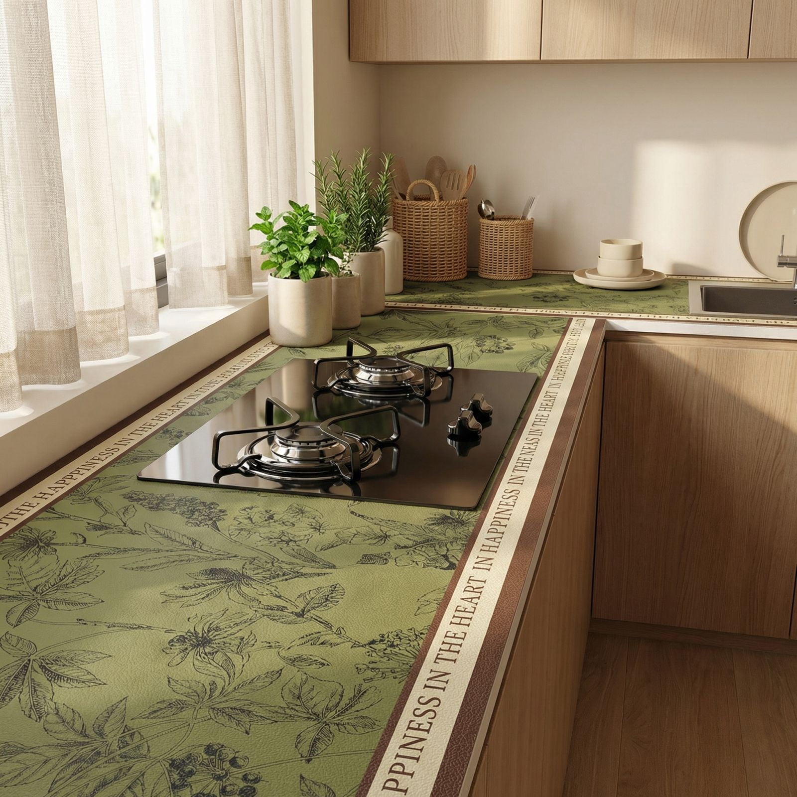 Kitchen Countertop Protector Mat Heat Resistant Oil-Proof Leather Pad Waterproof Cuttable Stove Cover Green Forest Pattern 13.8x31.5 in Green