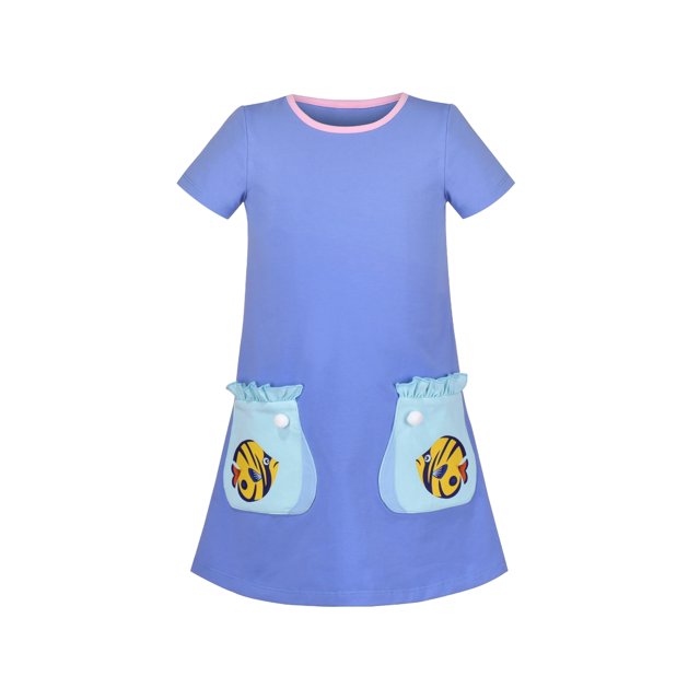 Robe Fille Tee Poisson Grande Poche Manches Courtes Coton Décontracté 3 Ans