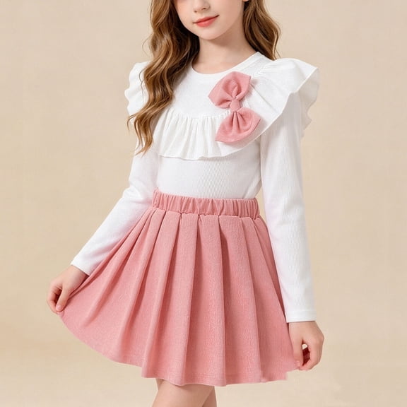 Mifsaly 2 Piece Skirt Sets for Girls Long Sleeve Ribbed Ruffle Tops with Bowknot and Pleated Skirts Toddler Kids Cute Casual School Fall Winter Outfits