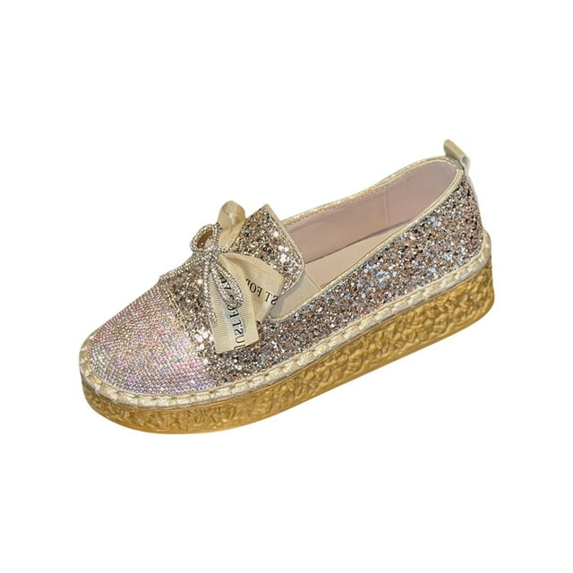 Gold Loafers For Ladies Rhinestone Bow Round Toe Slip On Thick Sole Spring Summer Casual Comfortable Leisure Outdoor Everyday Shoes Size 43