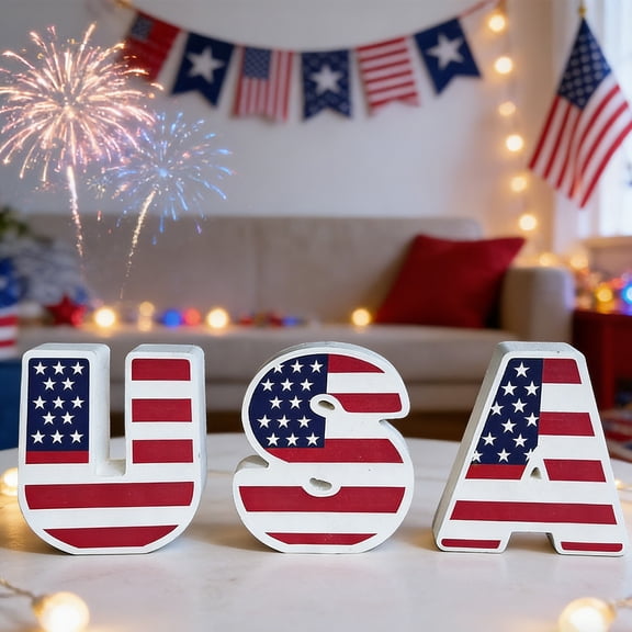 USA Wooden Letter Set, 3 U.S.-Themed Table Accents, Red White Blue Independence Day Shelf and Mantel Décor