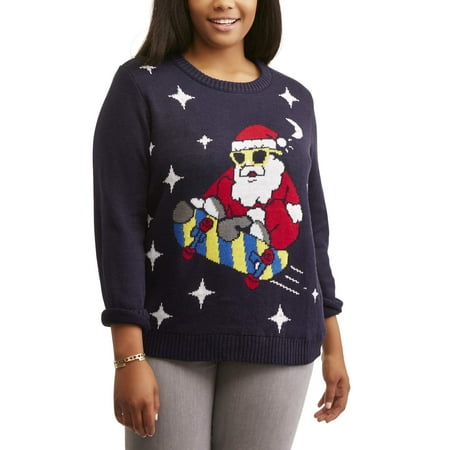 Juniors' Plus Crew Neck Skateboarding Sant Xmas Sweater
