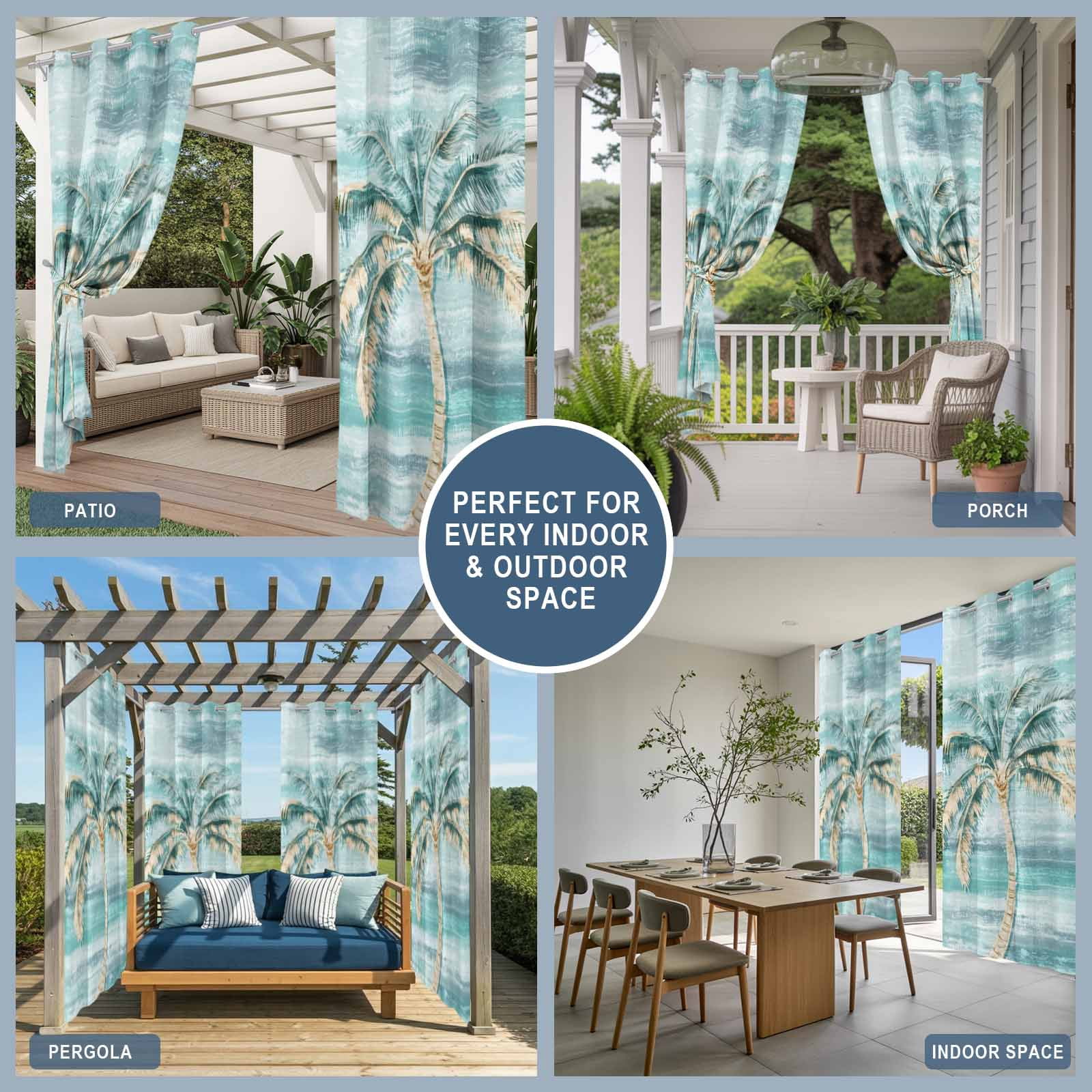 Palm Tree Outdoor Curtains for Patio, Vintage Green Tree Sunshade Privacy Drapes Grommet Waterproof Outside Curtains for Porch/Cabana/Balcony 54"x 108", 1 Panel