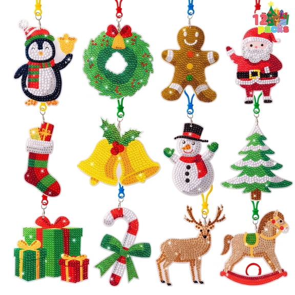 Joyfy 12 Packs Christmas Diamond Art Ornaments Kit, DIY Diamond Painting Keychain Craft Kit with 12 Holiday Designs, Sparkly Hanging Ornaments for Kids and Adults
