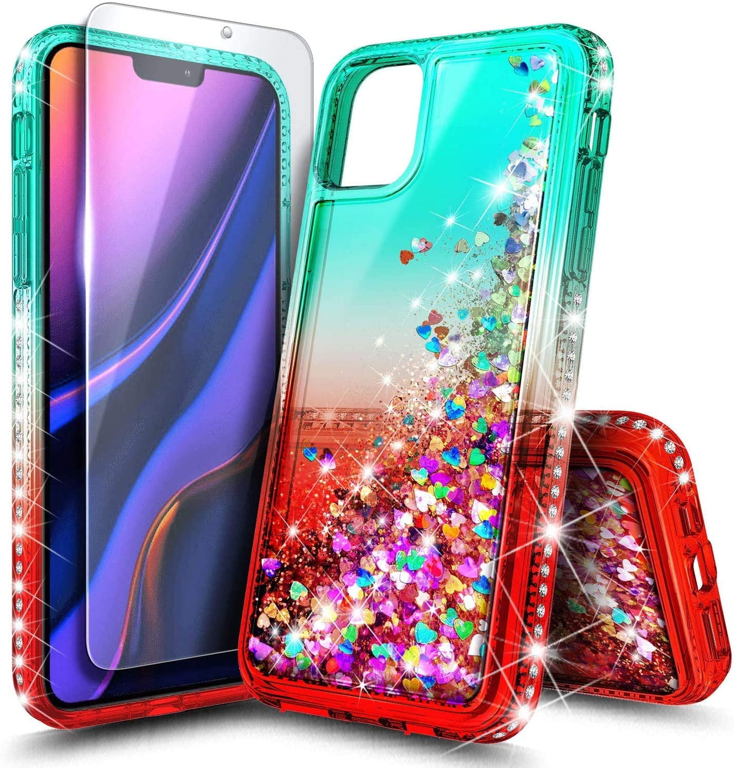 Iphone 11 Pro Max Case With Tempered Glass Screen Protector Nagebee Sparkle Glitter Flowing Liquid Quicksand Shiny Bling Diamond Women Girls Cute Phone Case Cover Green Red Walmart Com Walmart Com