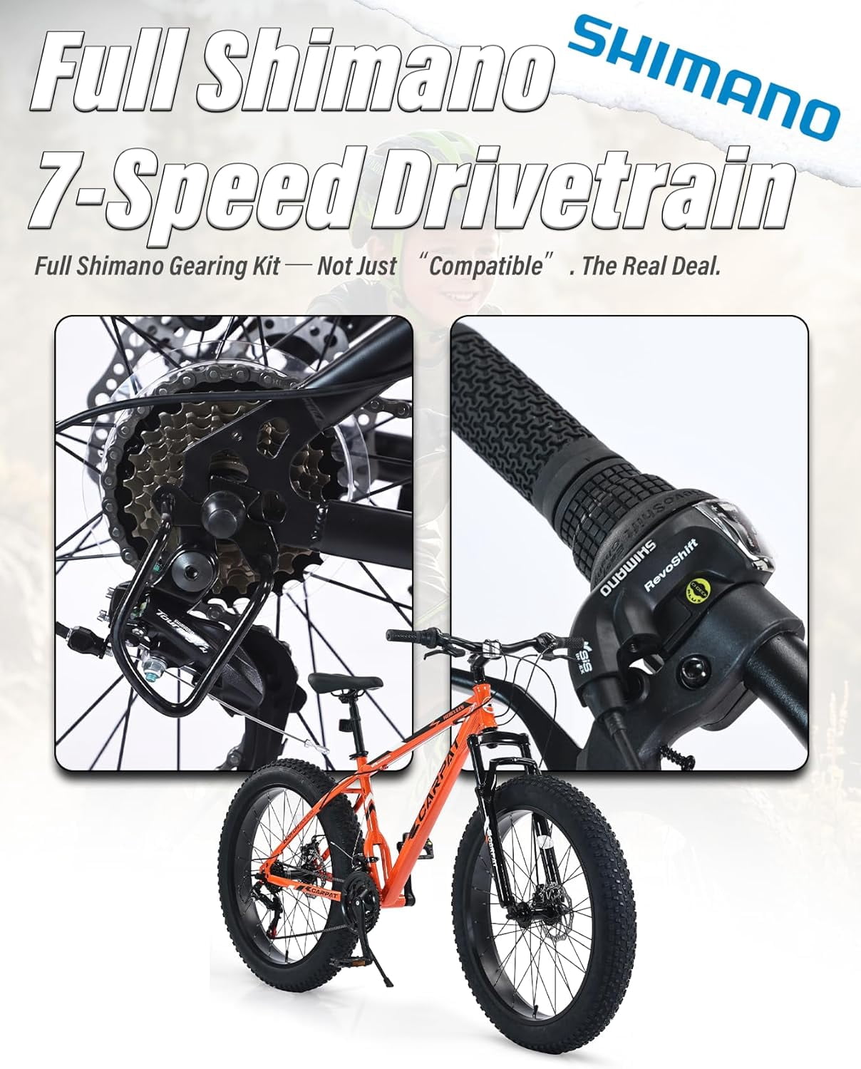 24 inch Fat Tire Mountain Bike, Outdoor Cycling Bike with 7-Speed for Boys Girls, High Carbon Steel Frame, Dual Disc Brake, Wide Tires, Suspension Fork, Anti-Slip Bikes, Orange