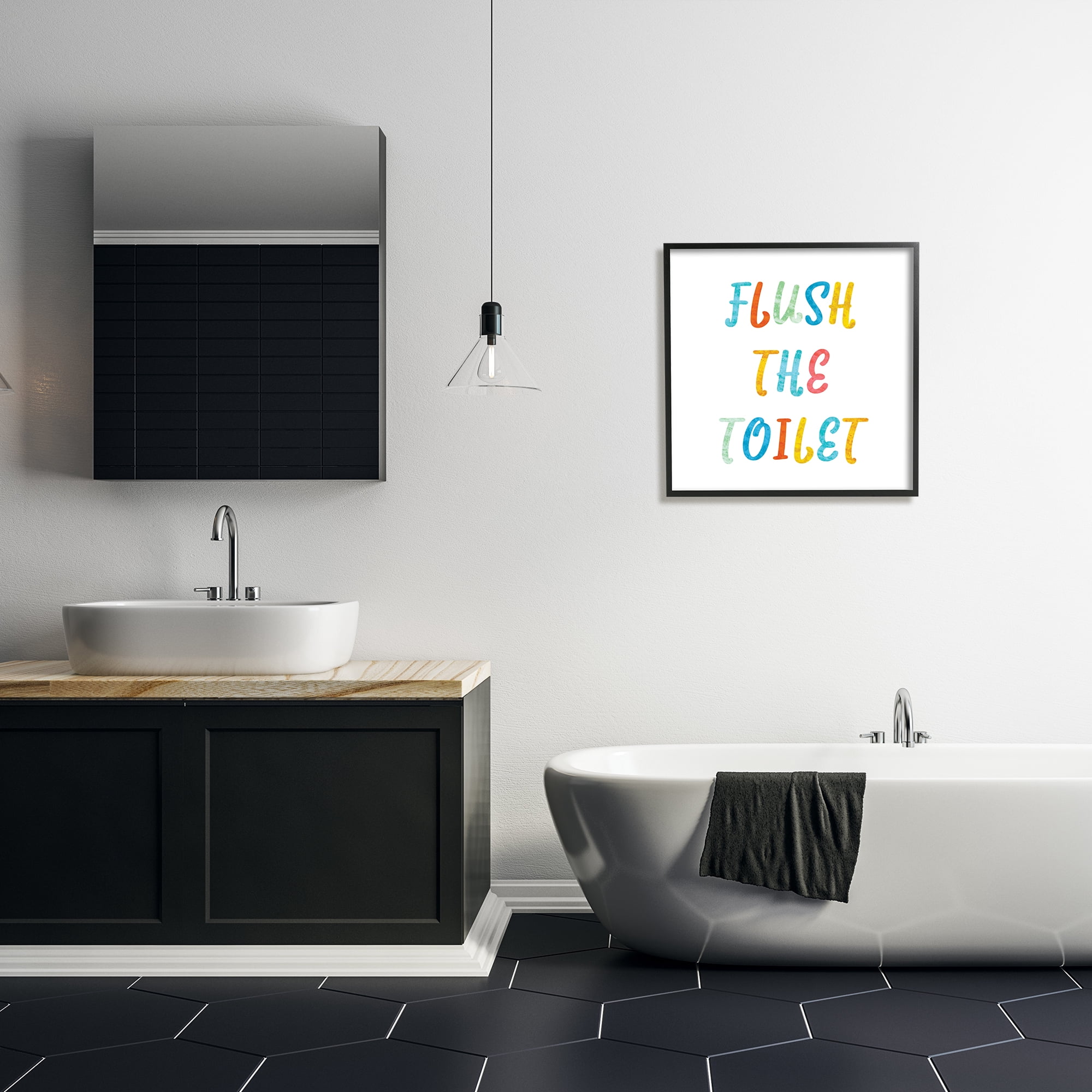 Stupell Industries Flush the Toilet Bathroom Rules Kids Typography Typography Painting Black Framed Art Print Wall Art, 24 x 24