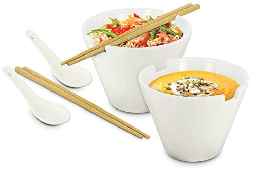 w/ Bamboo Chopsticks & Ceramic Spoon Ramen Pho Soup Noodle Bowls 2-pack 