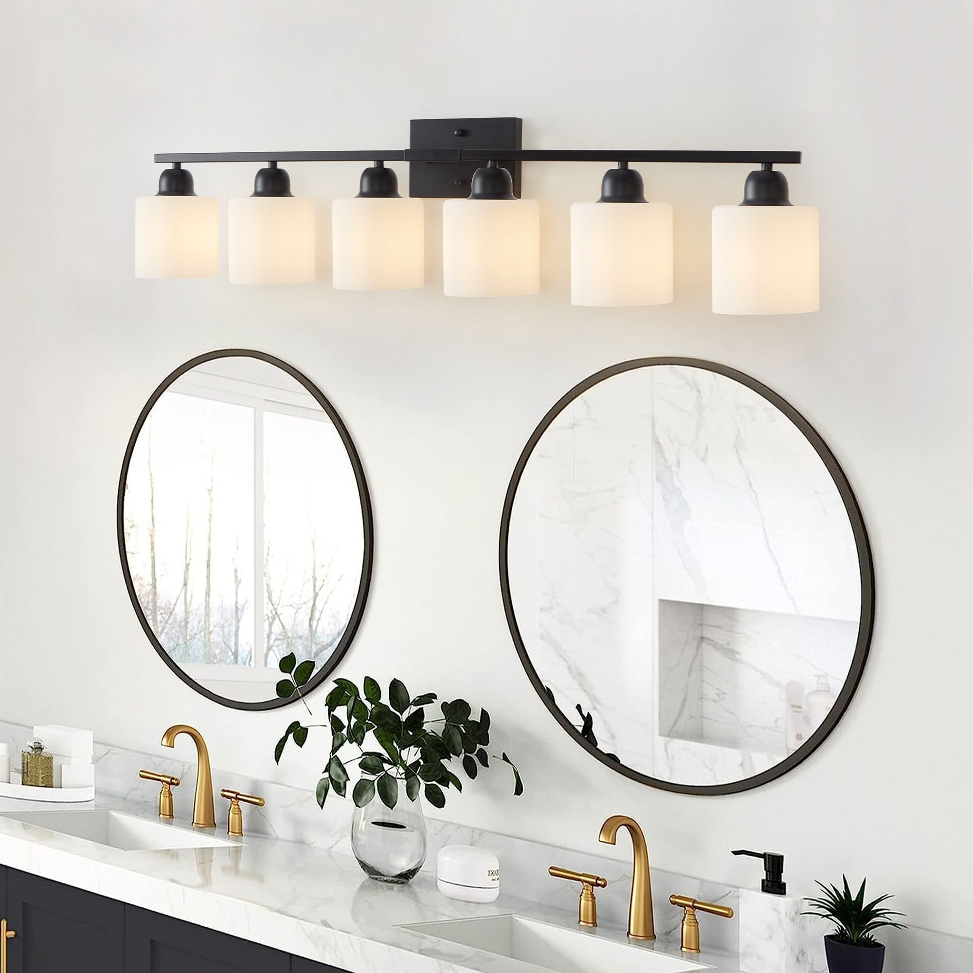 Leumius 6-Light Bathroom Vanity Light Fixture, Modern Vanity Light Over Mirror, Wall Sconces with Milky White Frosted Glass Shades for Mirror, Bathroom, Bedroom and Hallway Black (No Bulbs)