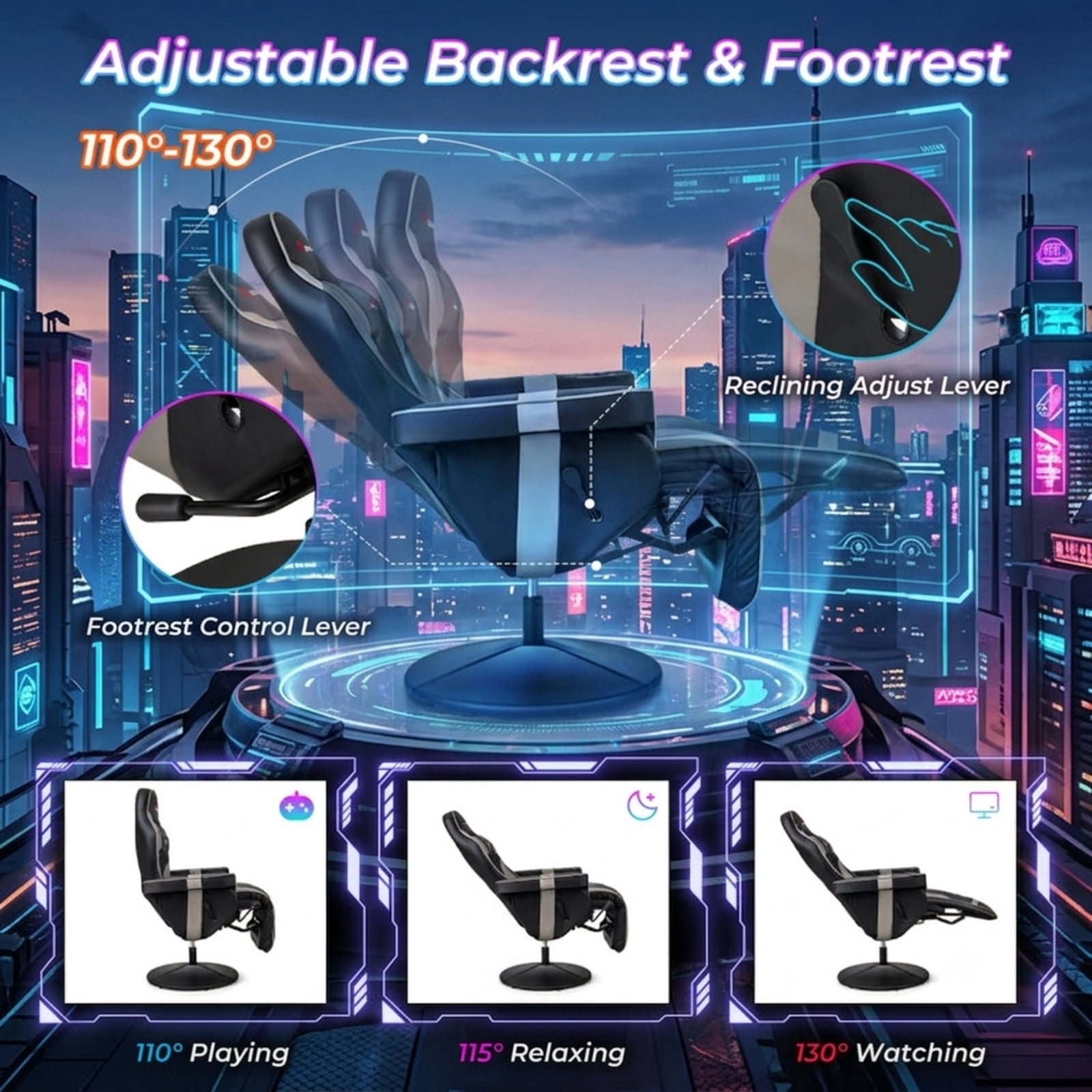 Furnibear Massage Video Gaming Recliner Chair with Adjustable Height Reclining Backrest Removable Headrest and Cup Holder for Gaming and Office, Gray