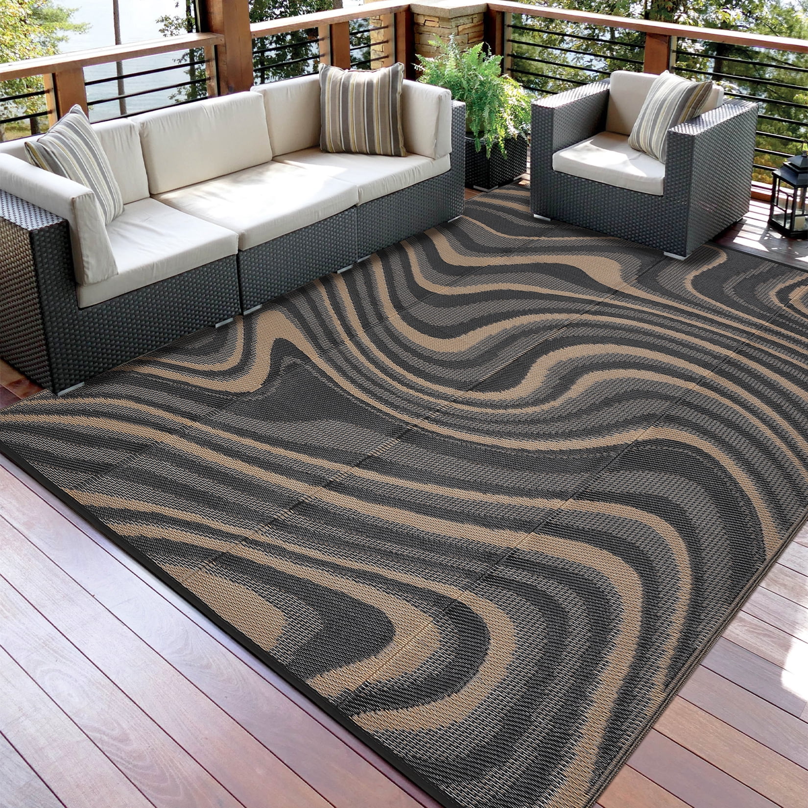 Haperlare Outdoor Rug 8'x10' Waterproof Reversible Camping Rugs, Modern Abstract Plastic Straw Rug Carpet for Patio Picnic Backyard Deck, Black