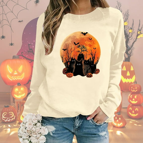 Halloween Sweatshirt for Women Long Sleeve Crew Neck Pumpkin Face & Cat Printed Pullover Shirt Comfy 2025 Fall Winter Fashion Tops