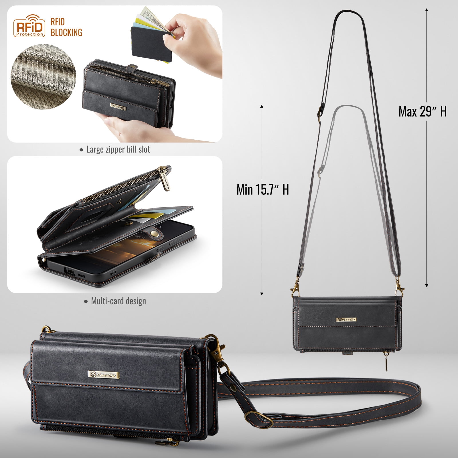 Decase Wallet Case for iPhone 16,Magnetic Flip Zipper Pocket PU Leather Phone Cover,Crossbody Flip Cover with RFID Card Slots,Black
