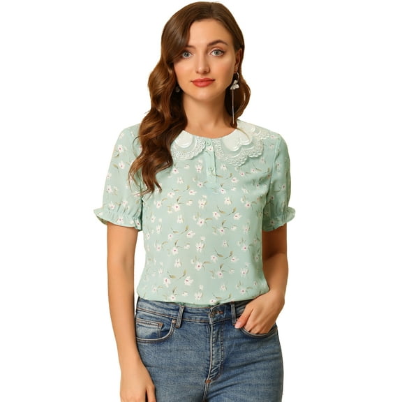 DARING DIVA Women's Ruffled Bubble Short Sleeve Floral Blouse XS Green