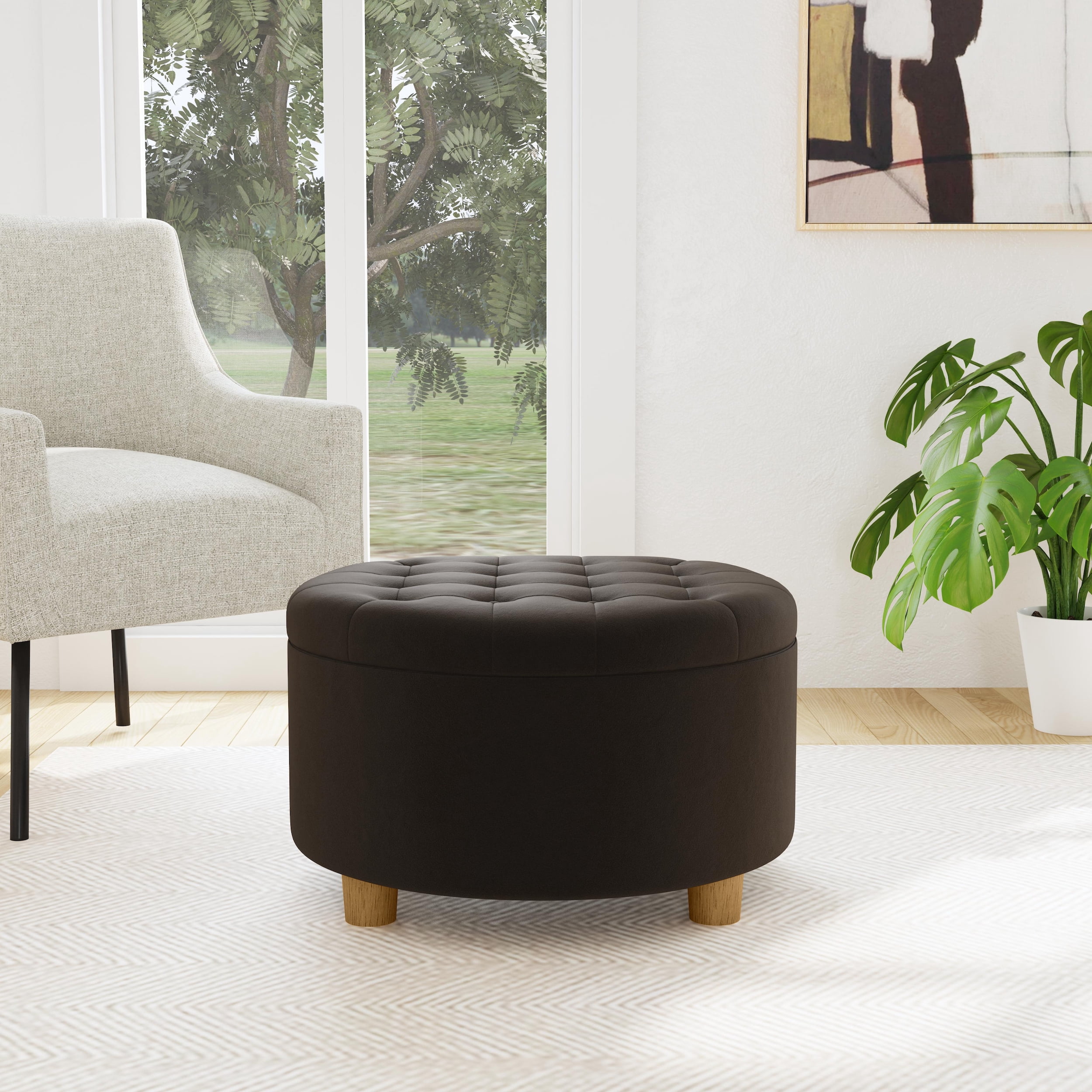 HomePop Large Round Button Tufted Storage Ottoman, Chocolate Brown Velvet