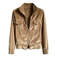 thumbnail image 4 of Ecqkame Women's Velvet Jackets Long Sleeve Zip up Lapel Collar Flap Pockets Coats Casual Slim Fit Street Trendy Outerwear Khaki XXL, 4 of 5