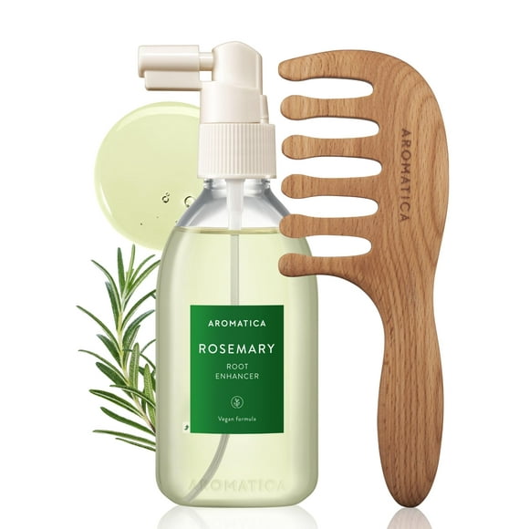 AROMATICA Rehausseur de Racines au Romarin et Ensemble de Masseur de Cuir Chevelu en Bois - Masseur de Cuir Chevelu pour Cheveux avec Sérum Aquatique au Romarin pour la Pousse des Cheveux, Soins Capillaires pour Femmes