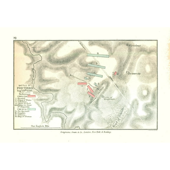 Historic War Map - Poitiers Battle 1356 France - Gardiner 1902 - Vintage Wall Art