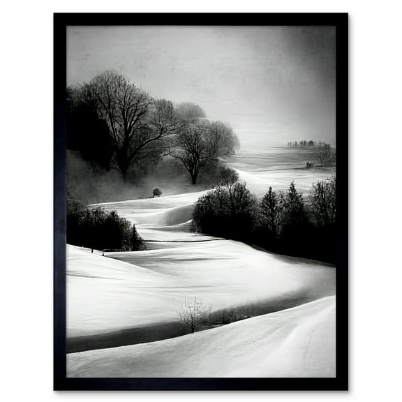 Monochrome Winter Landscape Scene Art Print Framed Poster Wall Decor 12x16 inch