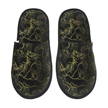 

Fuzoiu Gold Gloss Outline Floral Print Unisex Furry Slippers Plush Indoor Shoes Trendy House Slippers Anti-Skid EVA Sole House Shoes for Home Office and Travel -Large