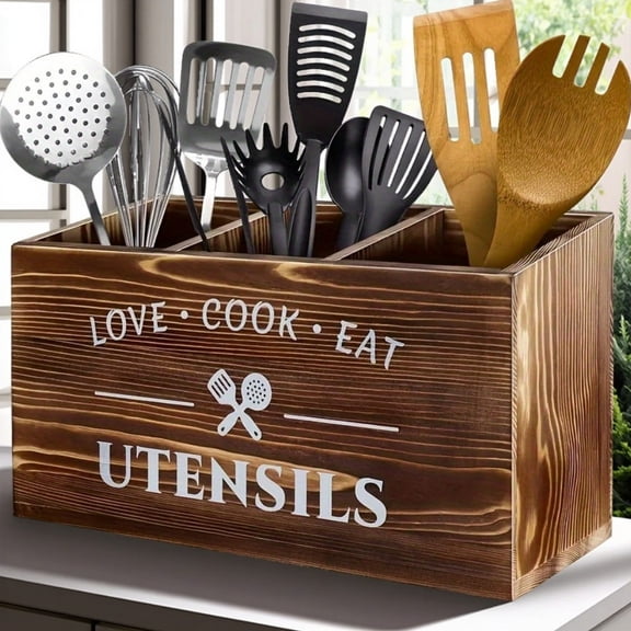 Utensil Holder with 3 Wooden Compartments, Cooking Utensil Storage Rack, Suitable for Countertop Rural Wooden Kitchen Tools Decoration Tableware (brown)