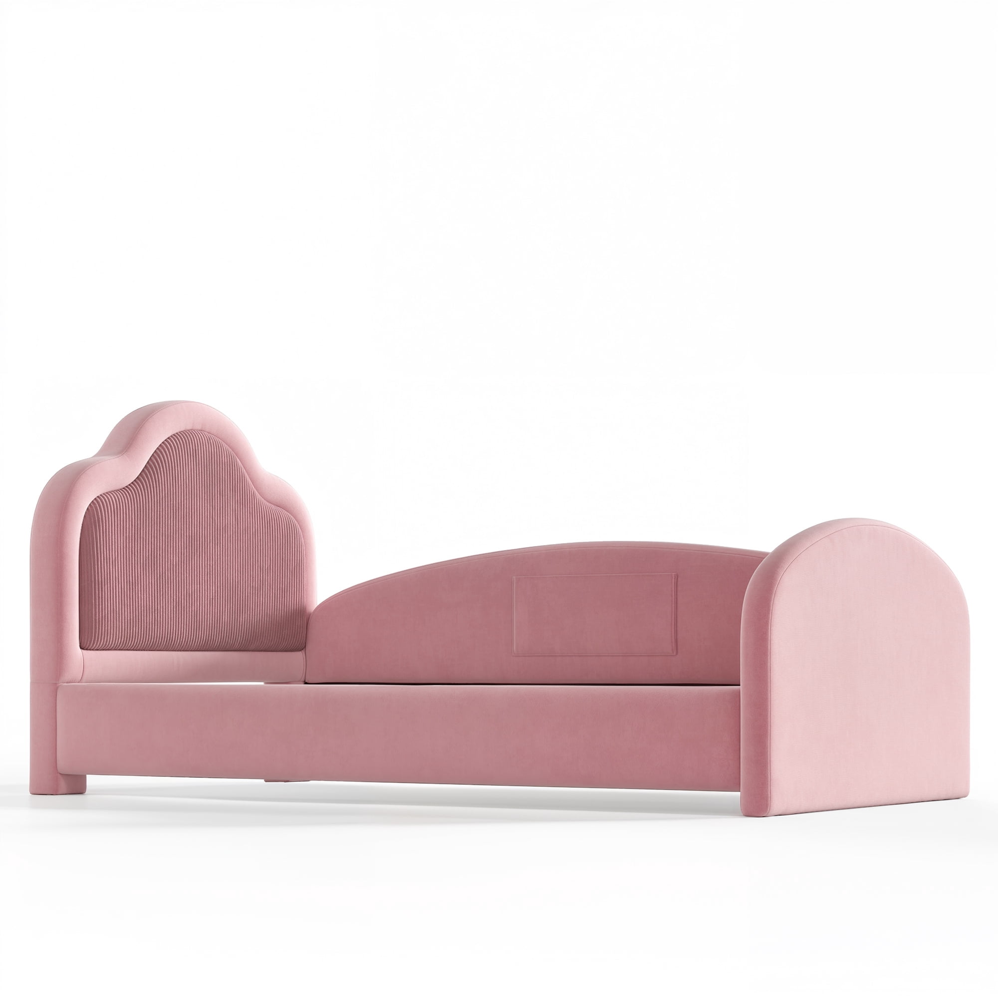 HOQBN Twin Size Curved Headboard Upholstered Floor Bed, Upholstered Kids Bed Frame with Safety Side Rails and Storage Pocket, Low Floor Playhouse Bed for Kids Bedroom,Pink