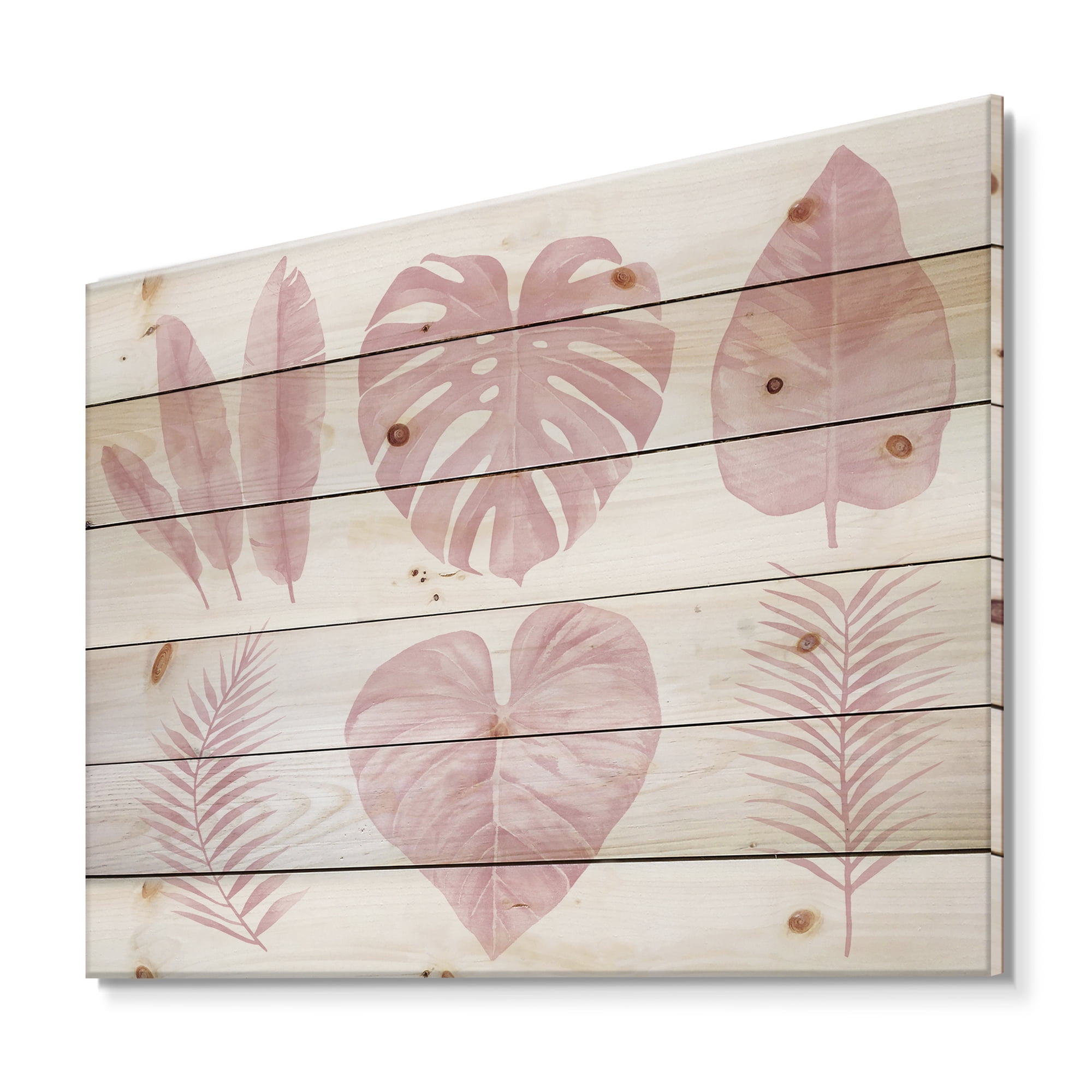 Designart 'Tropical Pink Watercolour Leaves On White I' Shabby Chic Print on Natural Pine Wood