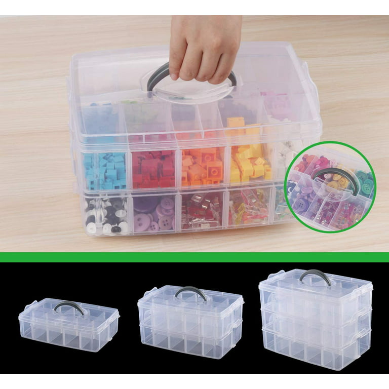 Kurtzy 3 Tier Clear Transparent Plastic Stackable Storage Box - Adjustable Compartment Slots - Maximum 18 Compartments - Container for Storing & Orga